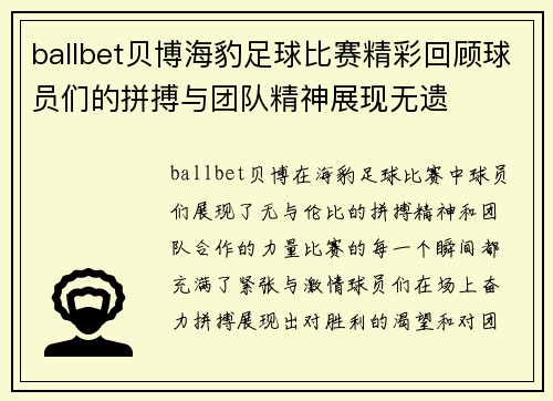 ballbet贝博海豹足球比赛精彩回顾球员们的拼搏与团队精神展现无遗